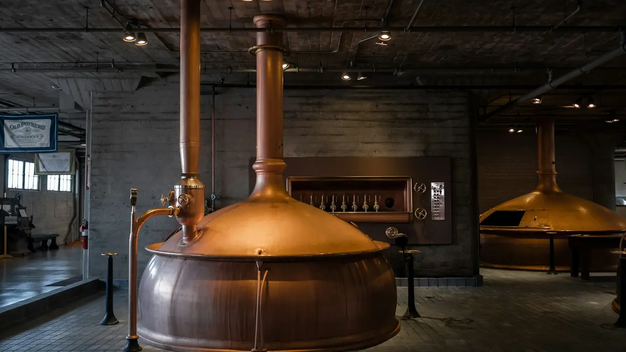 Gullwing's taproom: a long walnut bar with brass tap handles in front of copper brewing tanks